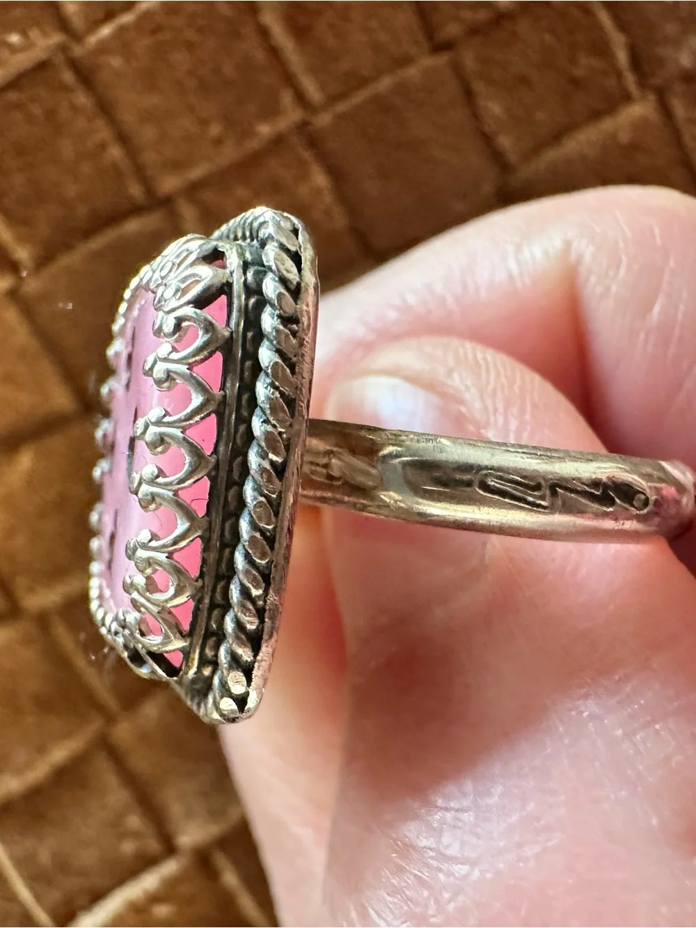 Pink DICE Heart Inlay Silver Statement Ring - Women Jewelry